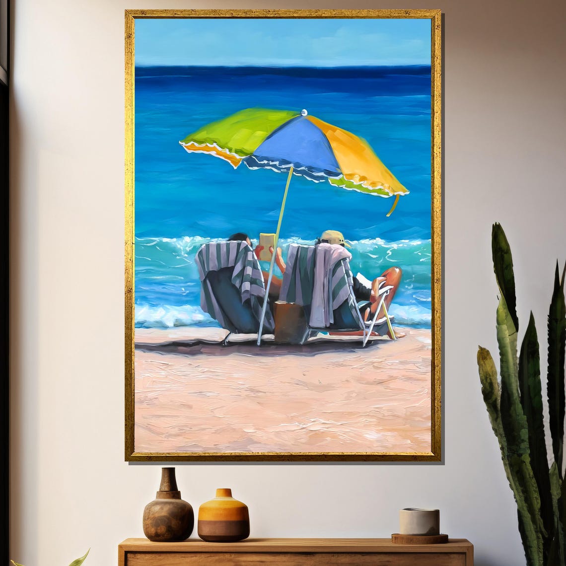 Couple Relaxing Under A Colorful Umbrella Seaside Scene Poster
