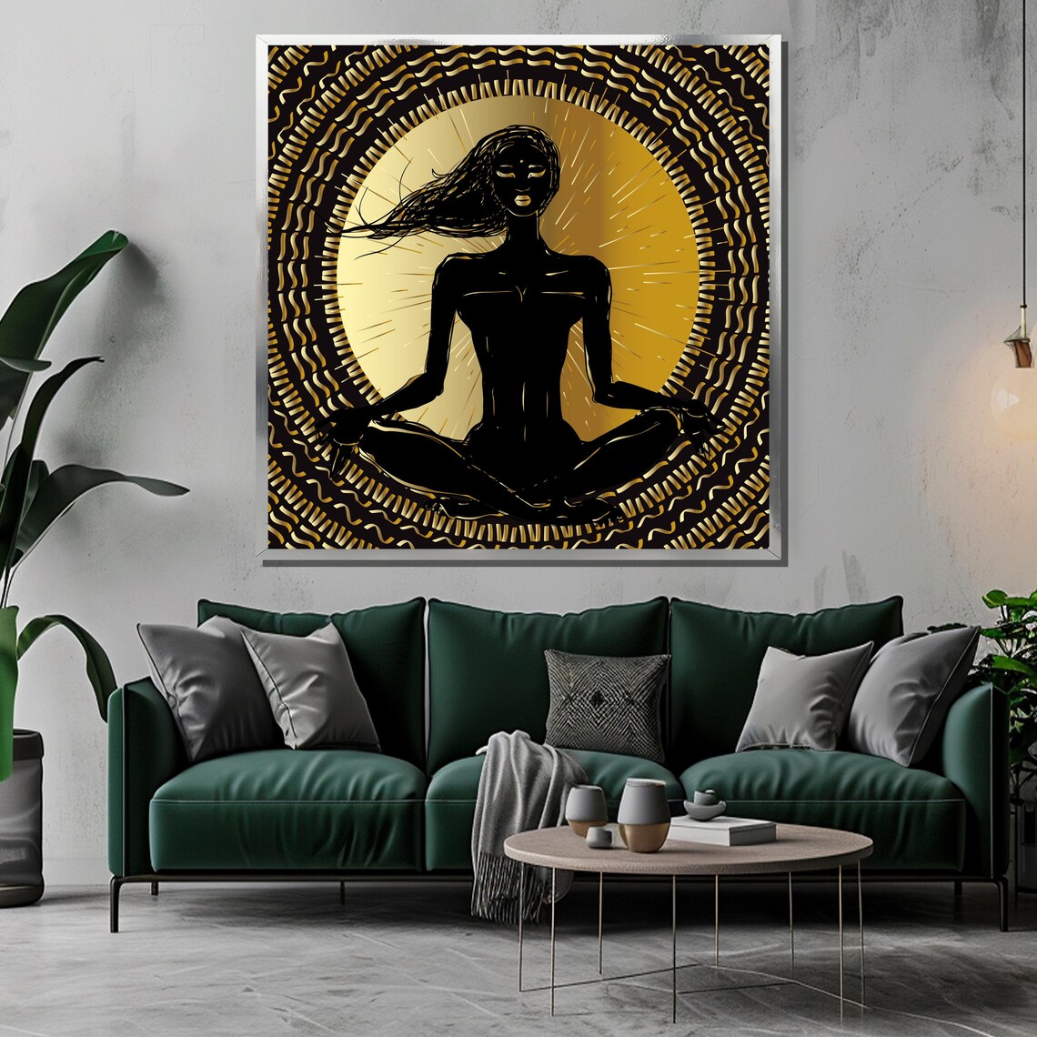 Golden Aura Meditating Woman with Radiant Sun Halo Art Poster - Image 3