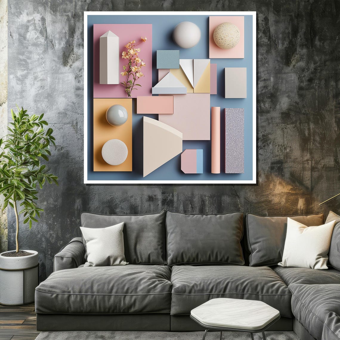 Soft Pastel Geometric Blocks with Spheres and Blossom Branch Poster - Image 2