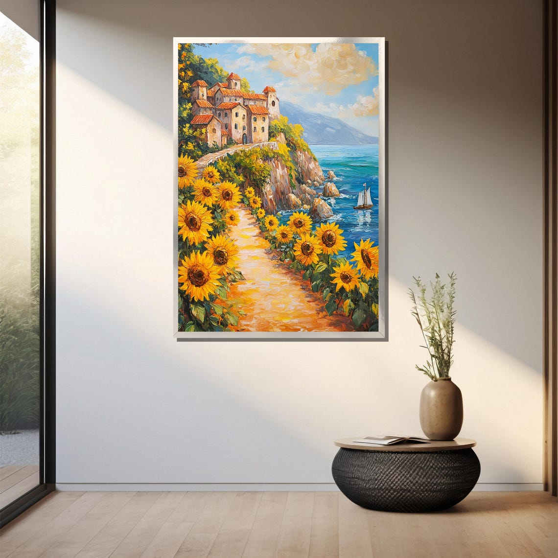 Sunflower Lined Path To Seaside Cliff Village Landscape Poster - Image 3