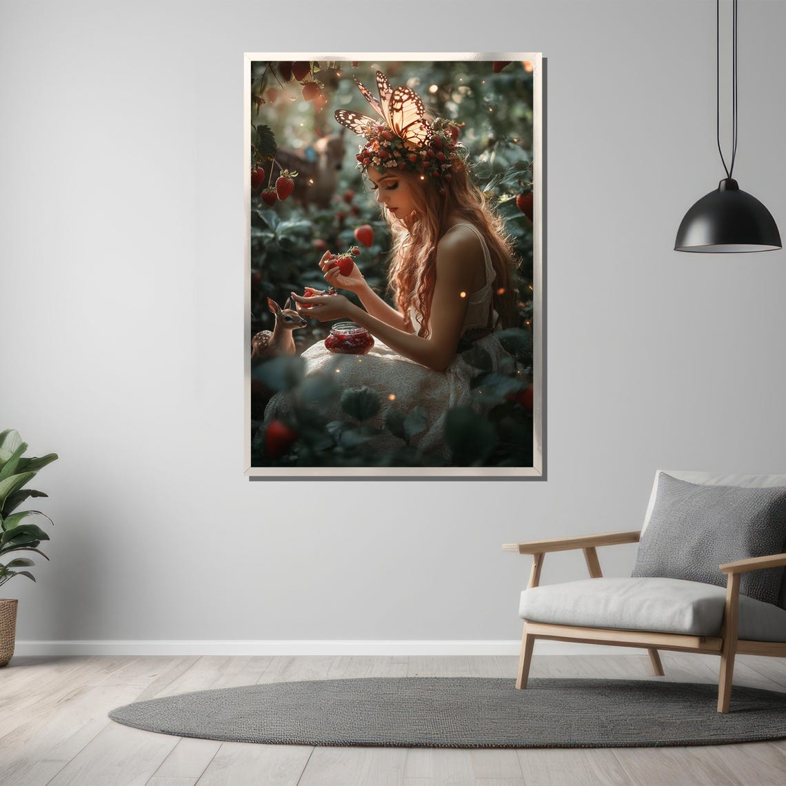 Strawberry Fairy Picking Berries Beside Tiny Fawn Garden Art Poster - Image 3