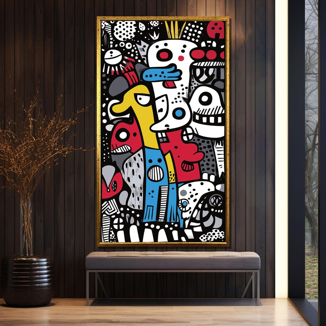 Playful Doodle Characters in Black White Red and Blue Graffiti Poster - Image 5