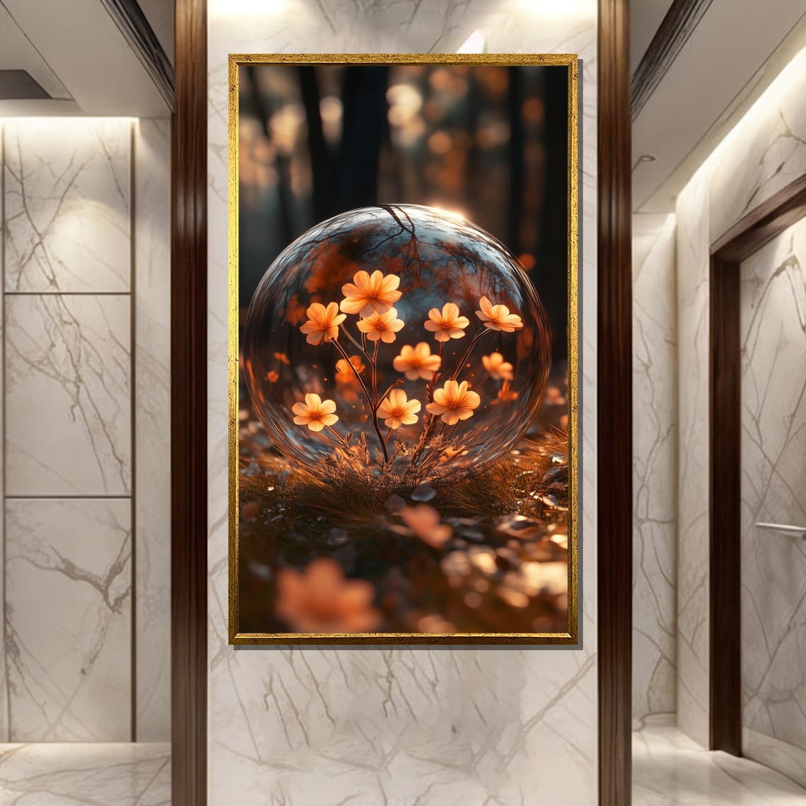 Glass Bubble with Orange Wildflowers in Warm Autumn Bokeh Poster