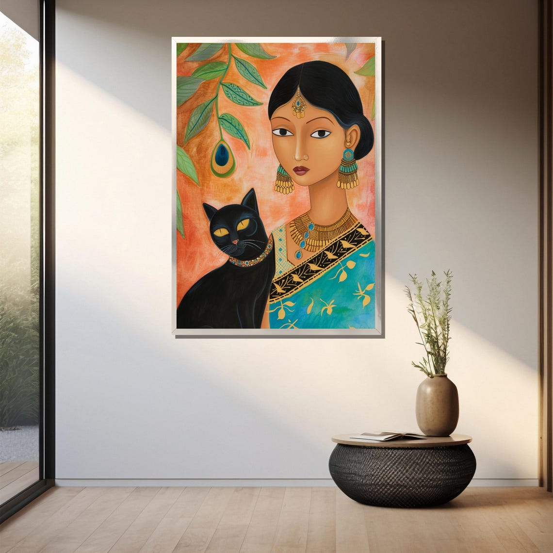 Elegant Indian Woman With Black Cat Traditional Ethnic Wall Art - Image 3