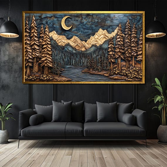 Moonlit Forest Wood Carving Rustic Nighttime Mountain Art Gift For Nature Enthusiasts