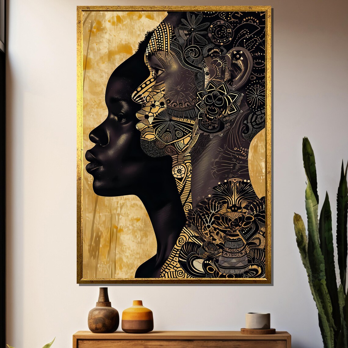 African Woman Golden Ornamental Silhouette Ethnic Art Poster