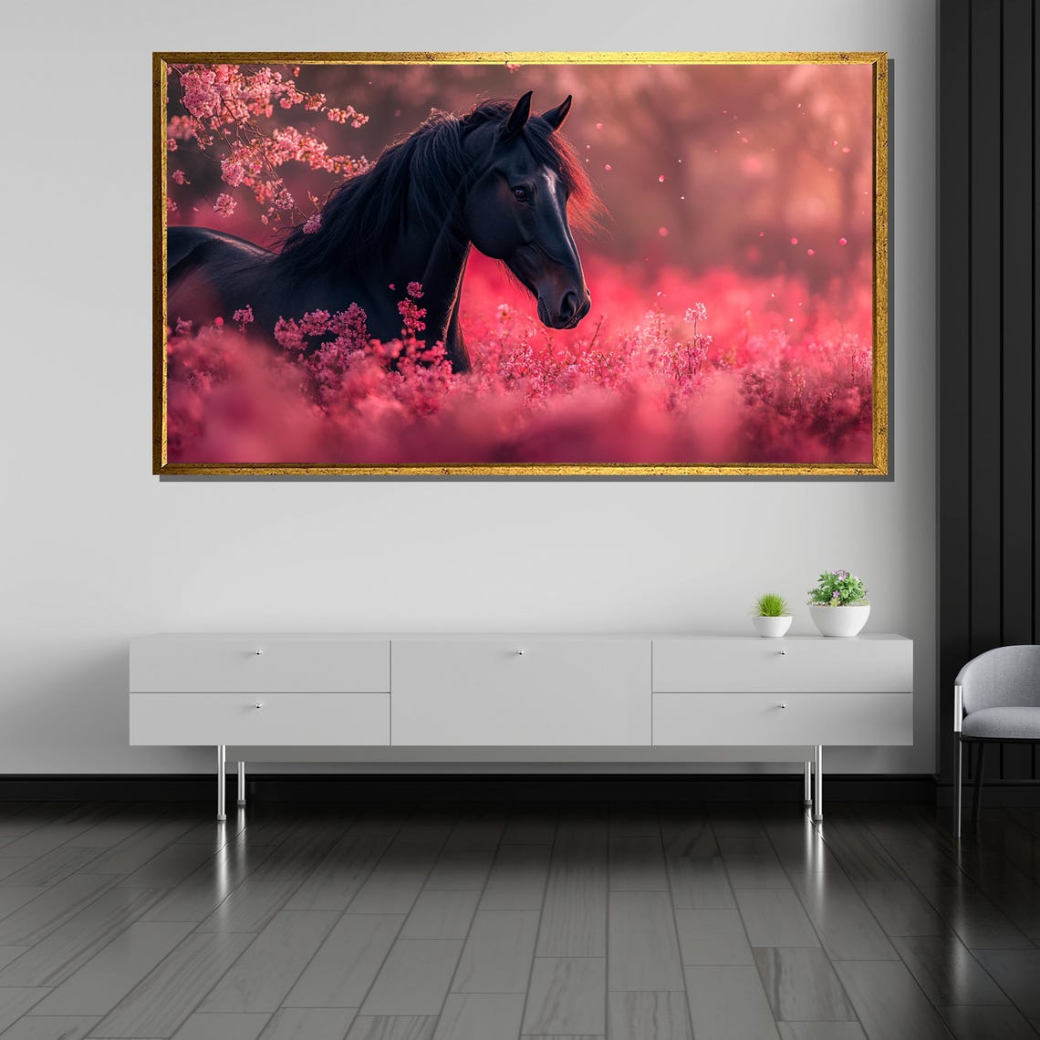 Black Horse Among Pink Cherry Blossoms Romantic Equestrian Poster - Image 5