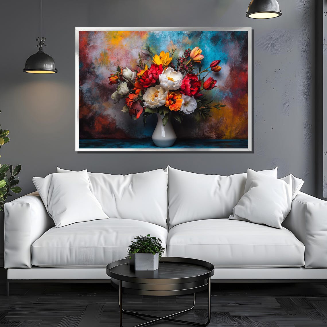 Vibrant Peony Lily And Tulip Bouquet In A White Vase Floral Poster - Image 3