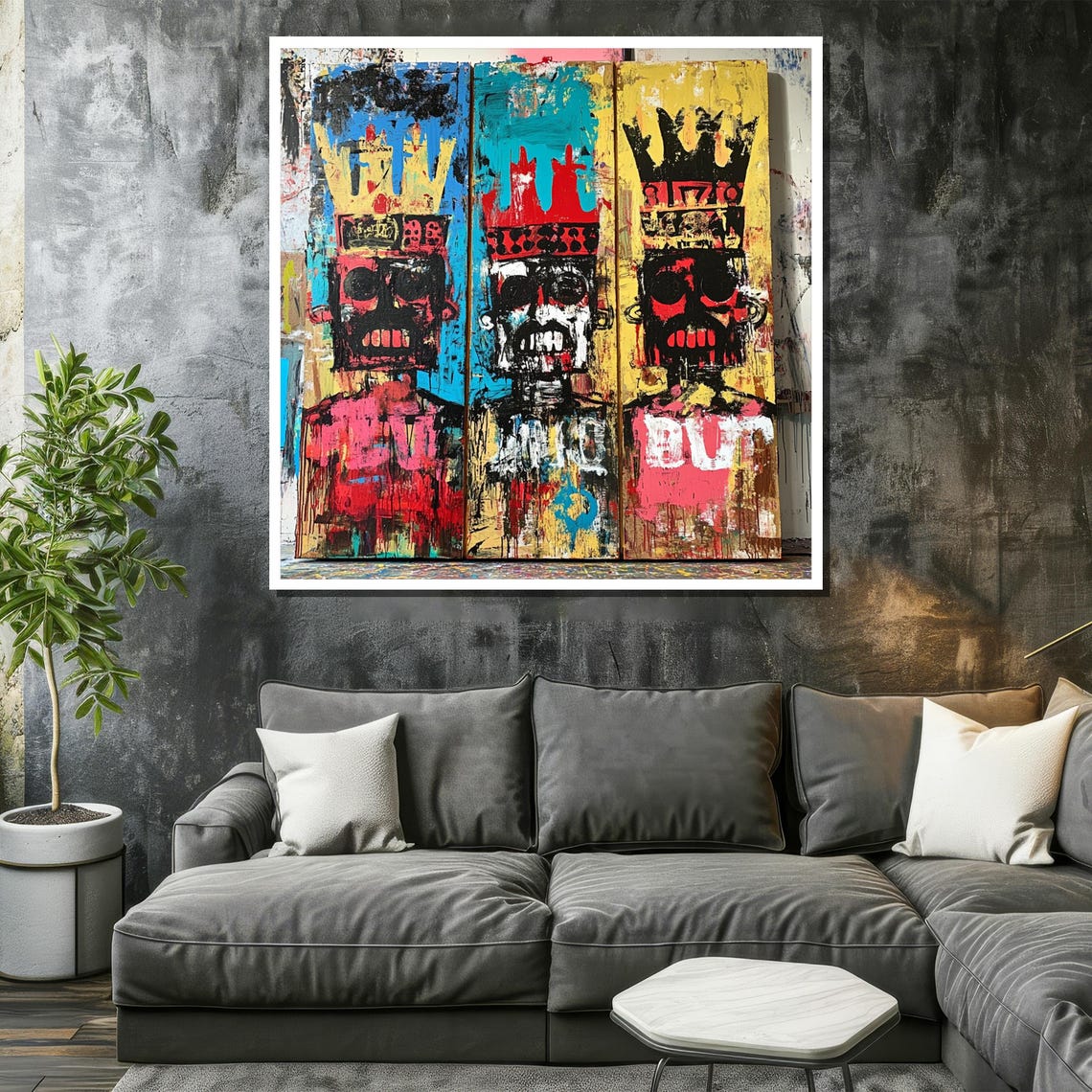 Basquiat Triptych Painting Abstract Graffiti Art Urban Street Art Wall Decor Bold Skull King Artwork Contemporary Statement Gift - Image 2