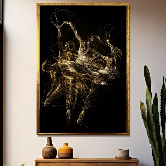 Abstract Golden Scribble Line Drawing Of Dancers On Black Poster