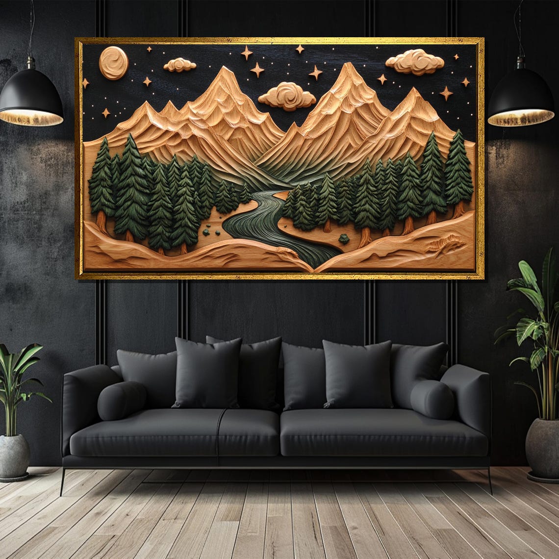 Starlit Mountain River Wood Carving Forest Landscape Gift For Rustic Home Decor