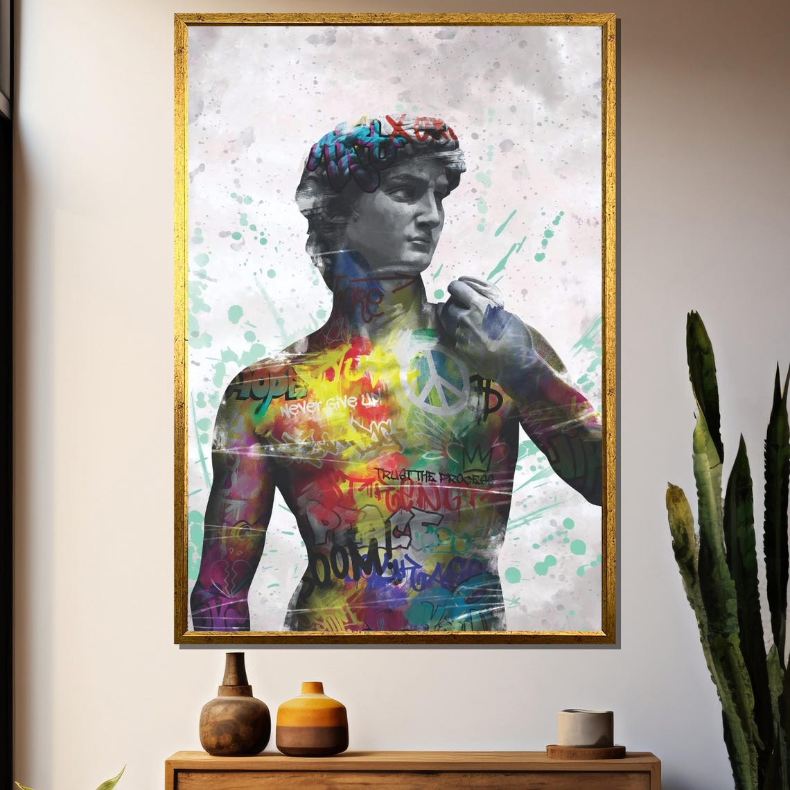 Michelangelo David Bust Covered In Colorful Graffiti Splashes Poster