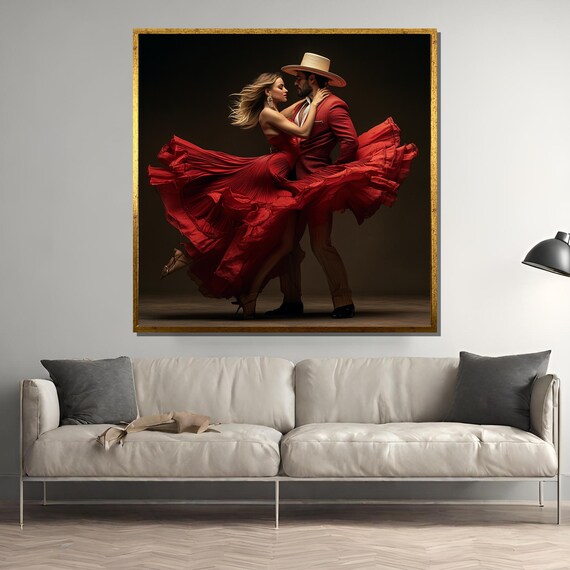 Dramatic Latin Dance Couple in Flowing Red Gown Dark Art Poster