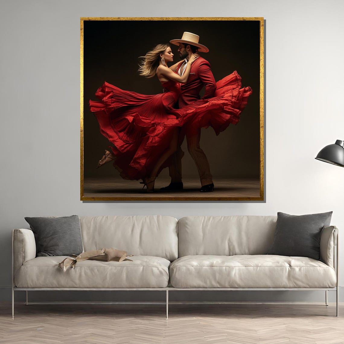 Passionate Latin Dance Couple In Vibrant Red Dynamic Painting Ideal Gift For Dance Enthusiasts And Art Lovers