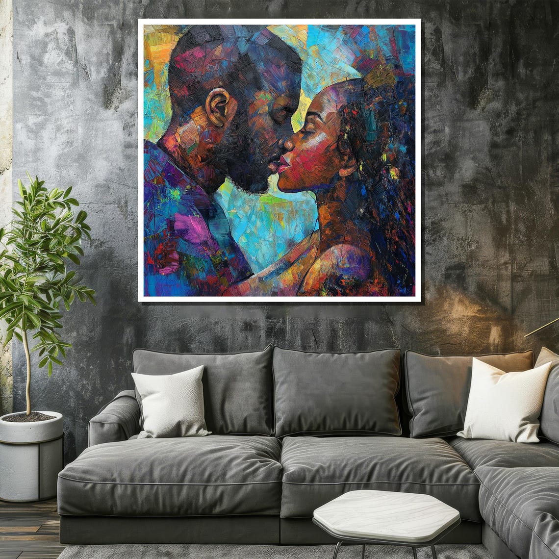 Colorful Impasto Lovers Sharing A Tender Kiss Painting Poster - Image 2