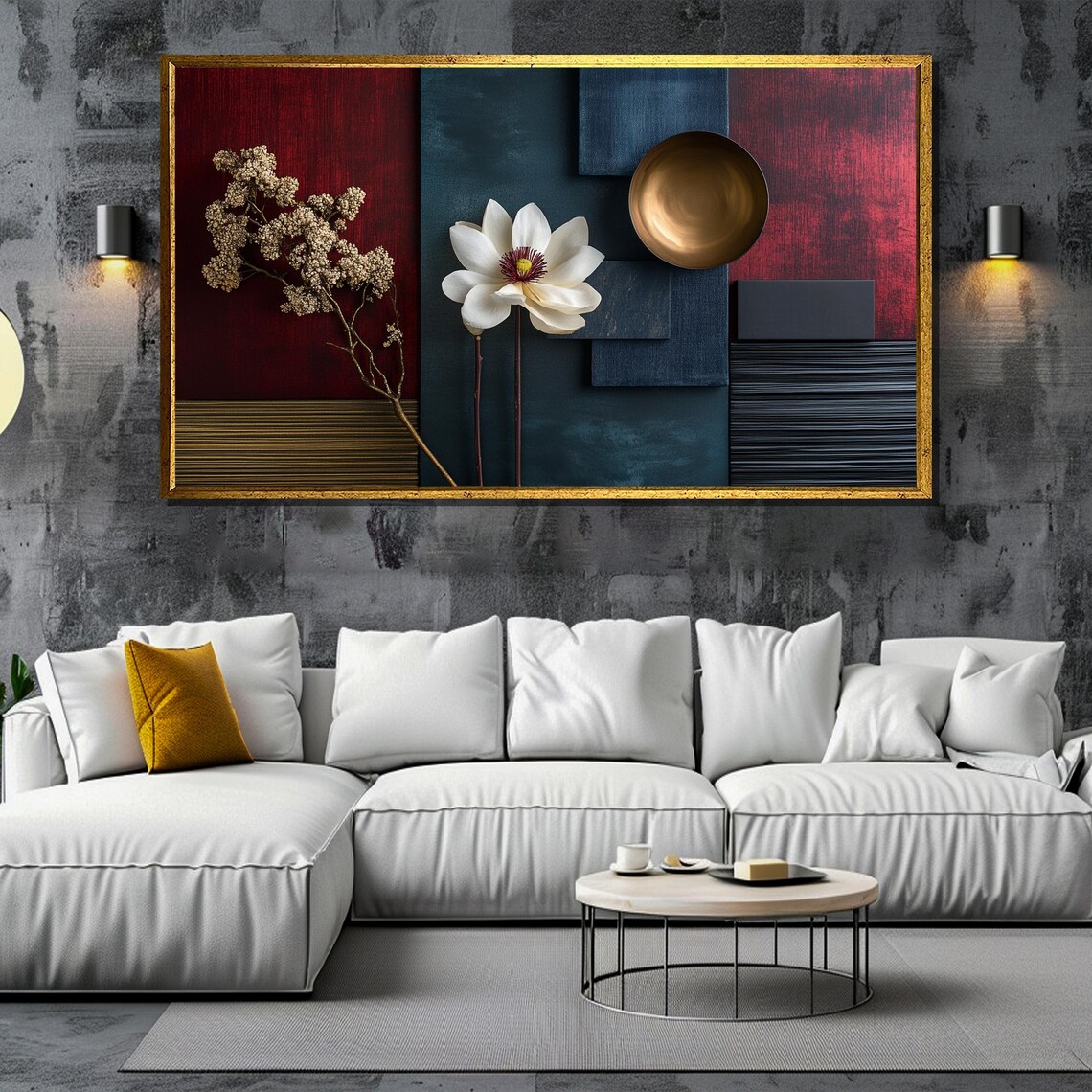 Luxury Mood Board Painting Elegant Dark Red And Blue Wall Art Gold Accents Modern Interior Decor Sophisticated Abstract Artwork - Image 5