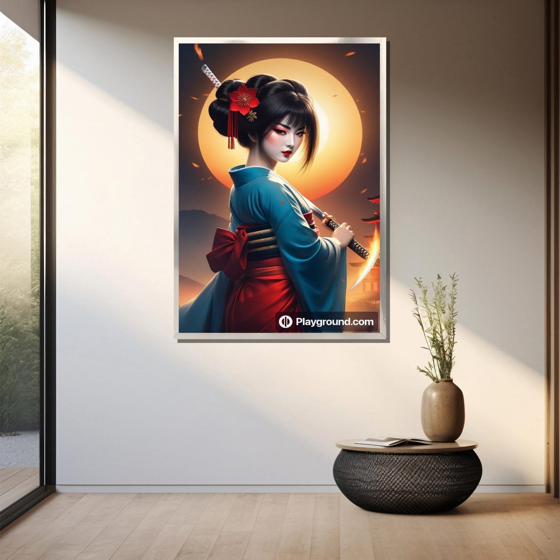 Empowered Geisha Samurai Painting With Katana Under Fiery Sun A Bold And Elegant Gift - Image 3