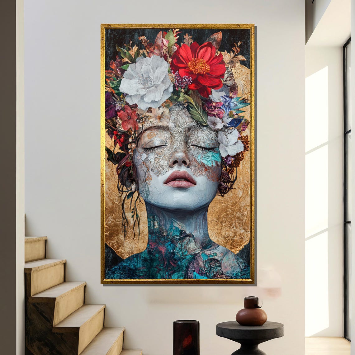 Floral Goddess Serene Portrait Gold Leaf Flower Crown Poster