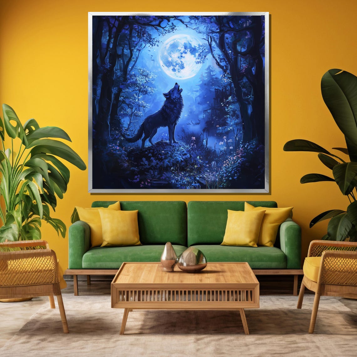 Howling Wolf Full Moon Over Blue Celestial Forest Night Poster - Image 3
