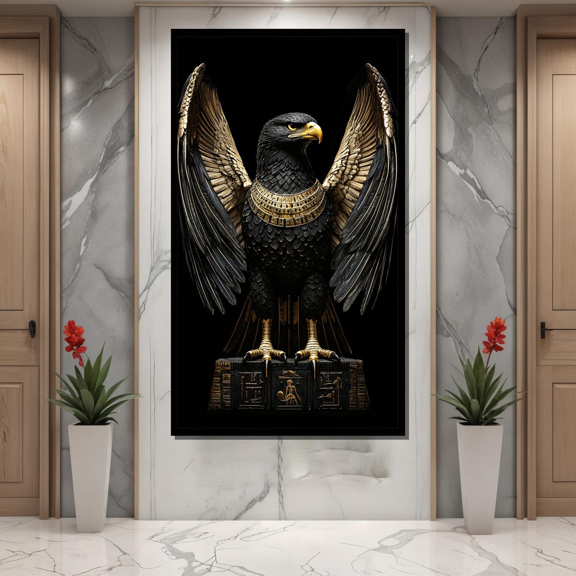 Regal Egyptian Falcon with Golden Wings on Hieroglyph Pedestal Poster - Image 4