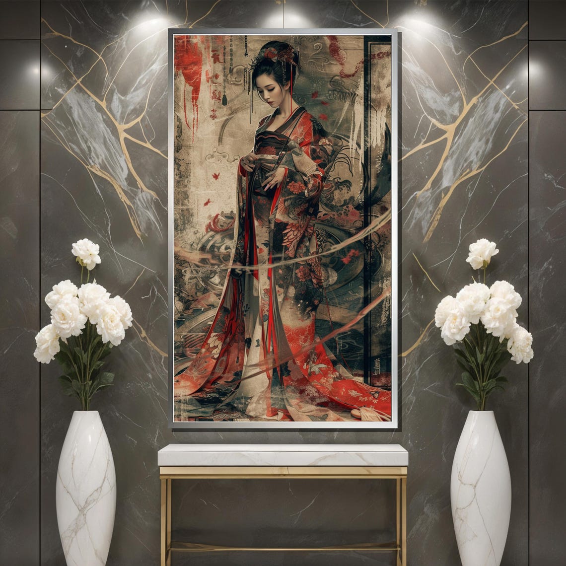 Traditional Japanese Woman in Ornate Red Kimono Vintage Art Poster - Image 3