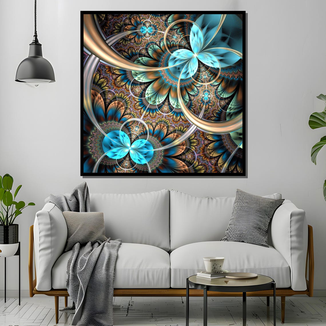 Glowing Turquoise and Amber Fractal Flower Abstract Art Poster - Image 4