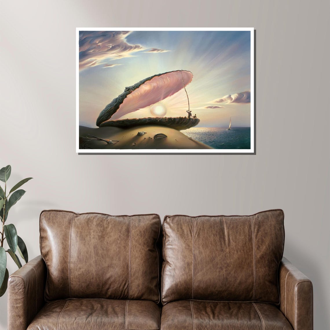 Surreal Giant Seashell with Pearl Sun on a Sunset Beach Poster - Image 2
