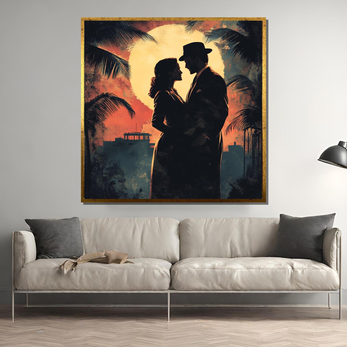 Film Noir Couple Silhouette Under Giant Moon at Tropical Harbor Poster