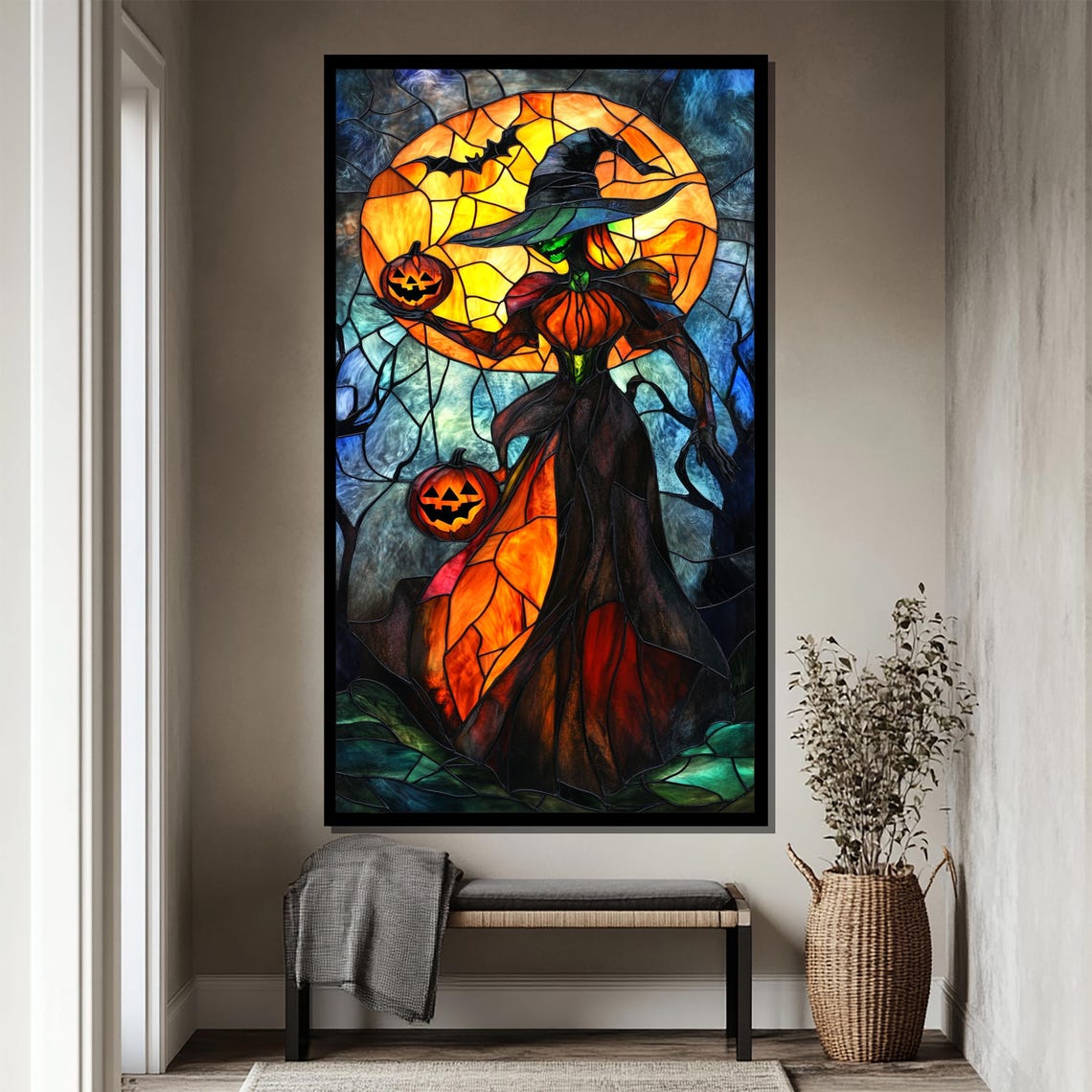Stained Glass Halloween Witch With Pumpkin Moon Spooky Poster - Image 4
