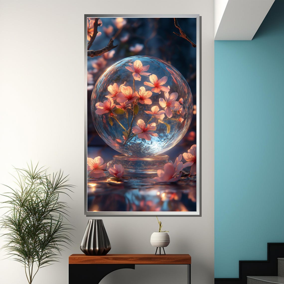 Cherry Blossom Branch Inside Glass Orb Over Rippling Water Poster - Image 3