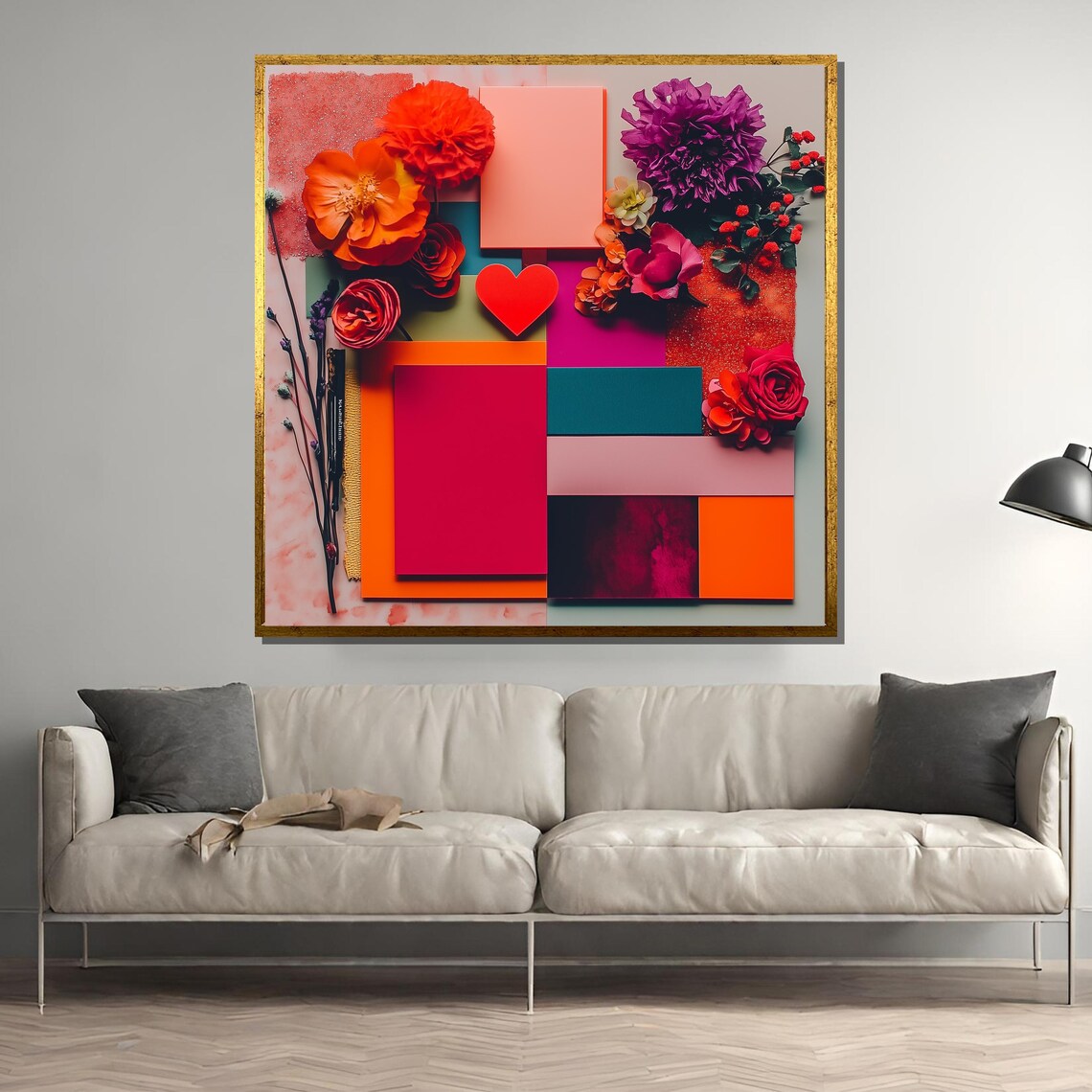 Vibrant Romantic Floral Heart Collage Colorful Botanical Art Poster
