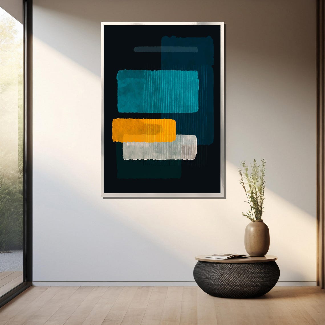Teal Mustard And White Blocks On Black Abstract Geometric Poster - Image 3