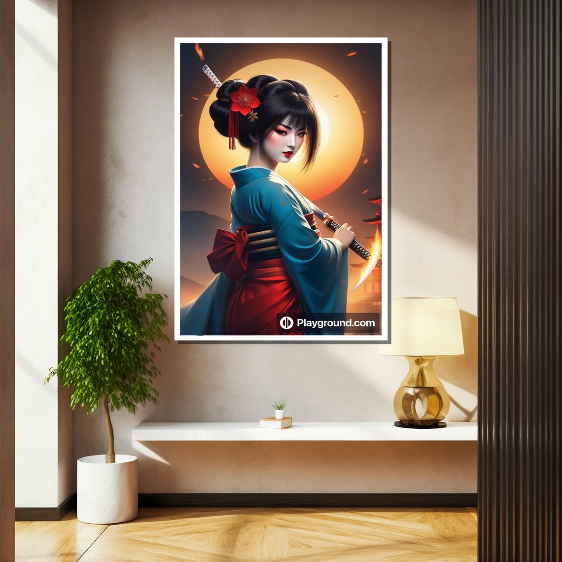 Empowered Geisha Samurai Painting With Katana Under Fiery Sun A Bold And Elegant Gift - Image 2