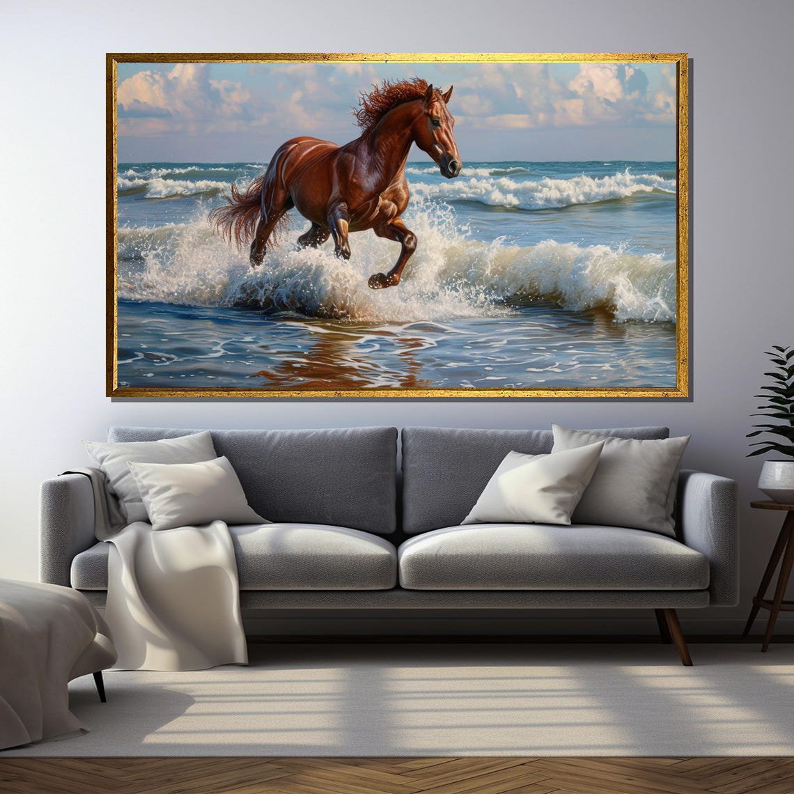 Chestnut Horse Galloping Through Ocean Waves Seashore Poster