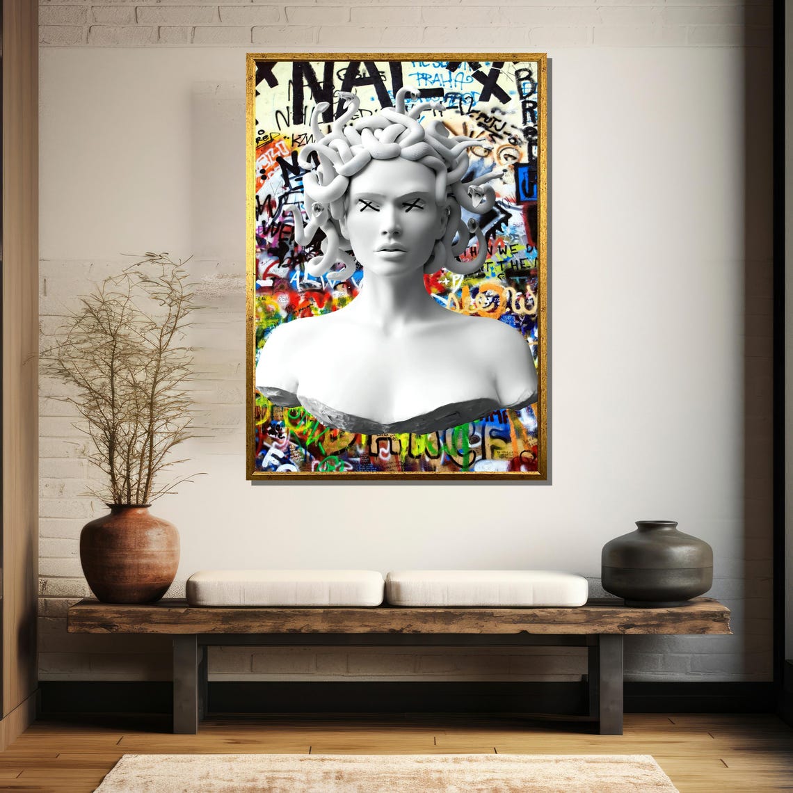 Medusa Marble Bust With Crossed Eyes On Graffiti Background Poster - Image 5