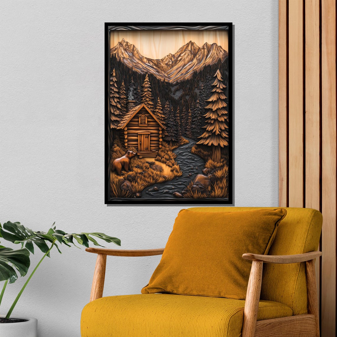 Cozy Rustic Log Cabin and Bear Wood Carving Effect Forest Poster - Image 4