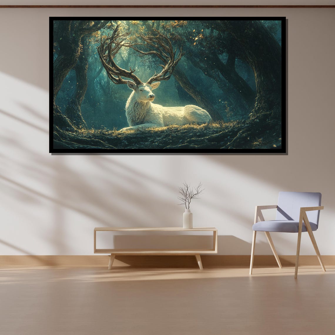 Majestic White Stag Resting In Enchanted Forest Grove Art Poster - Image 4