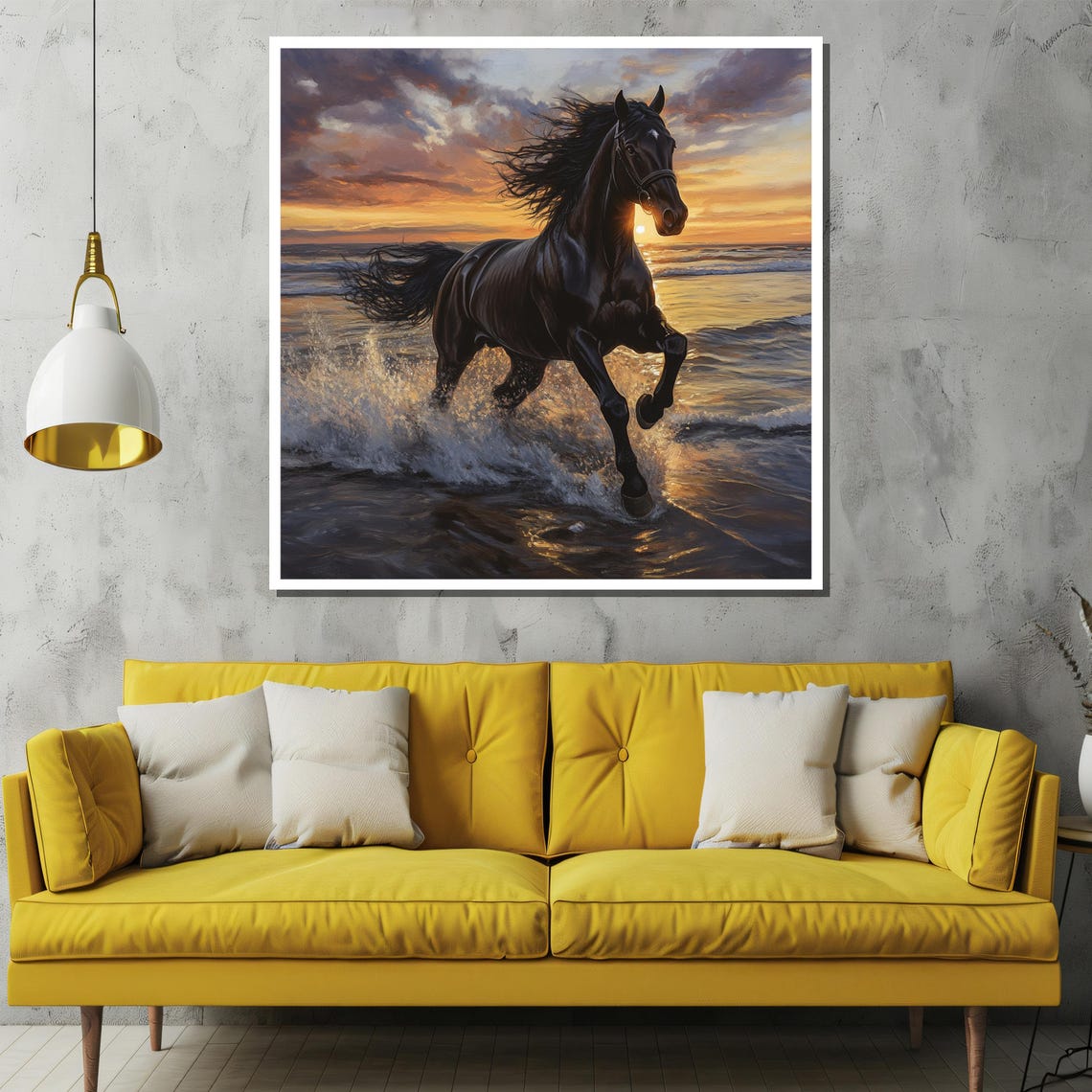 Black Horse Galloping Through Ocean Waves at Golden Sunset Poster - Image 2