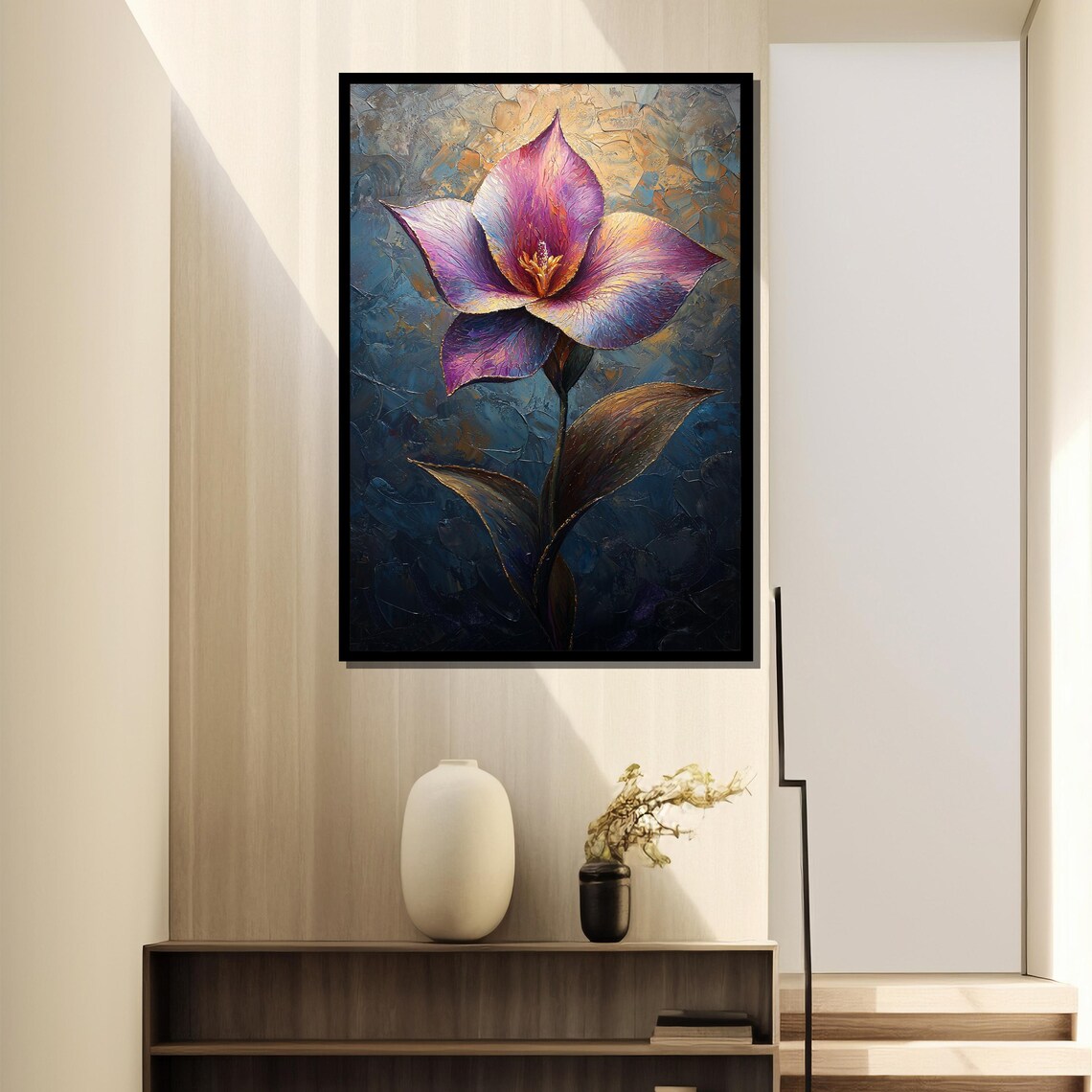 Purple Orchid Bloom Impasto Closeup Textured Floral Wall Art - Image 4