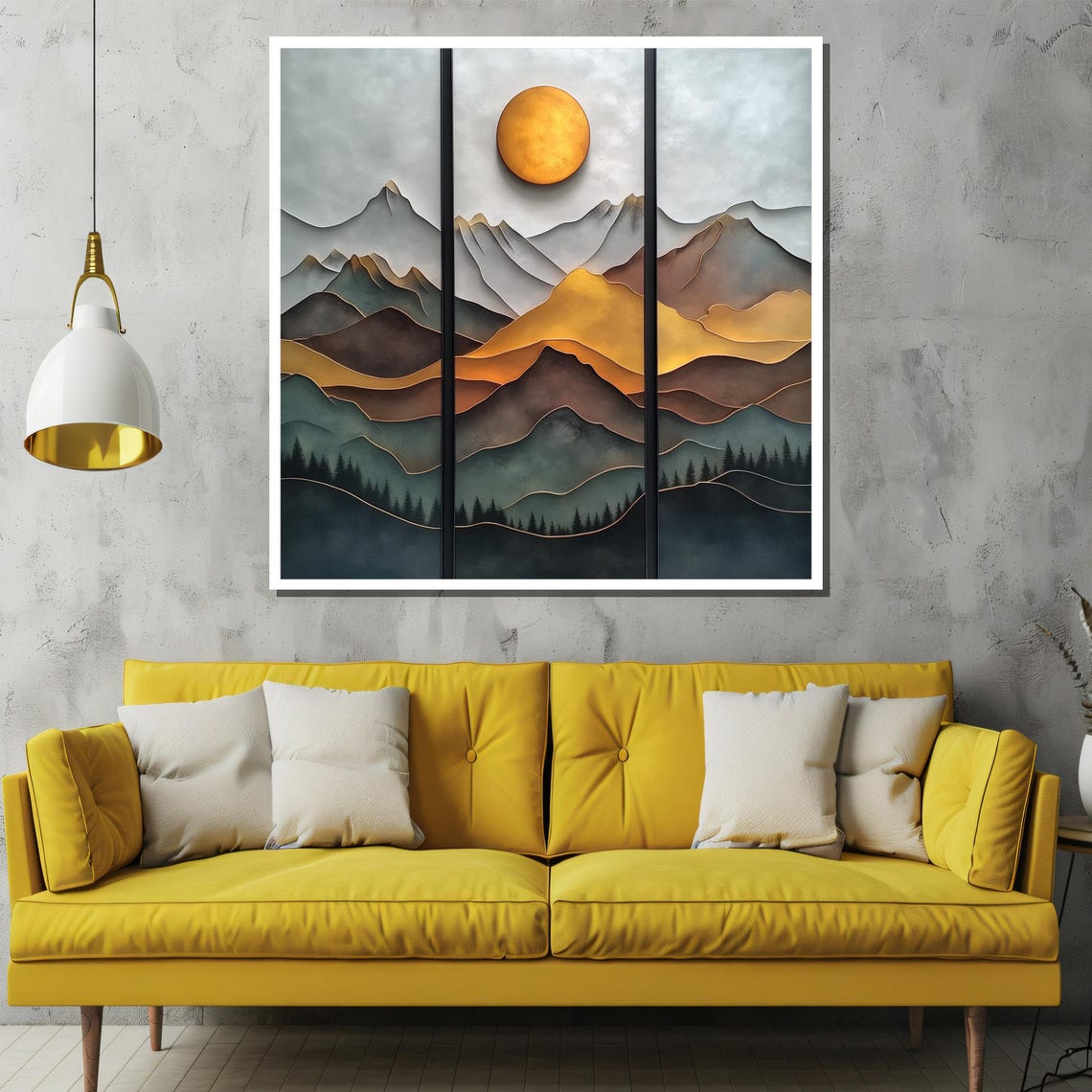 Golden Sunset Triptych Painting Modern Layered Mountain Art Gift For Sophisticated Home Decor - Image 2