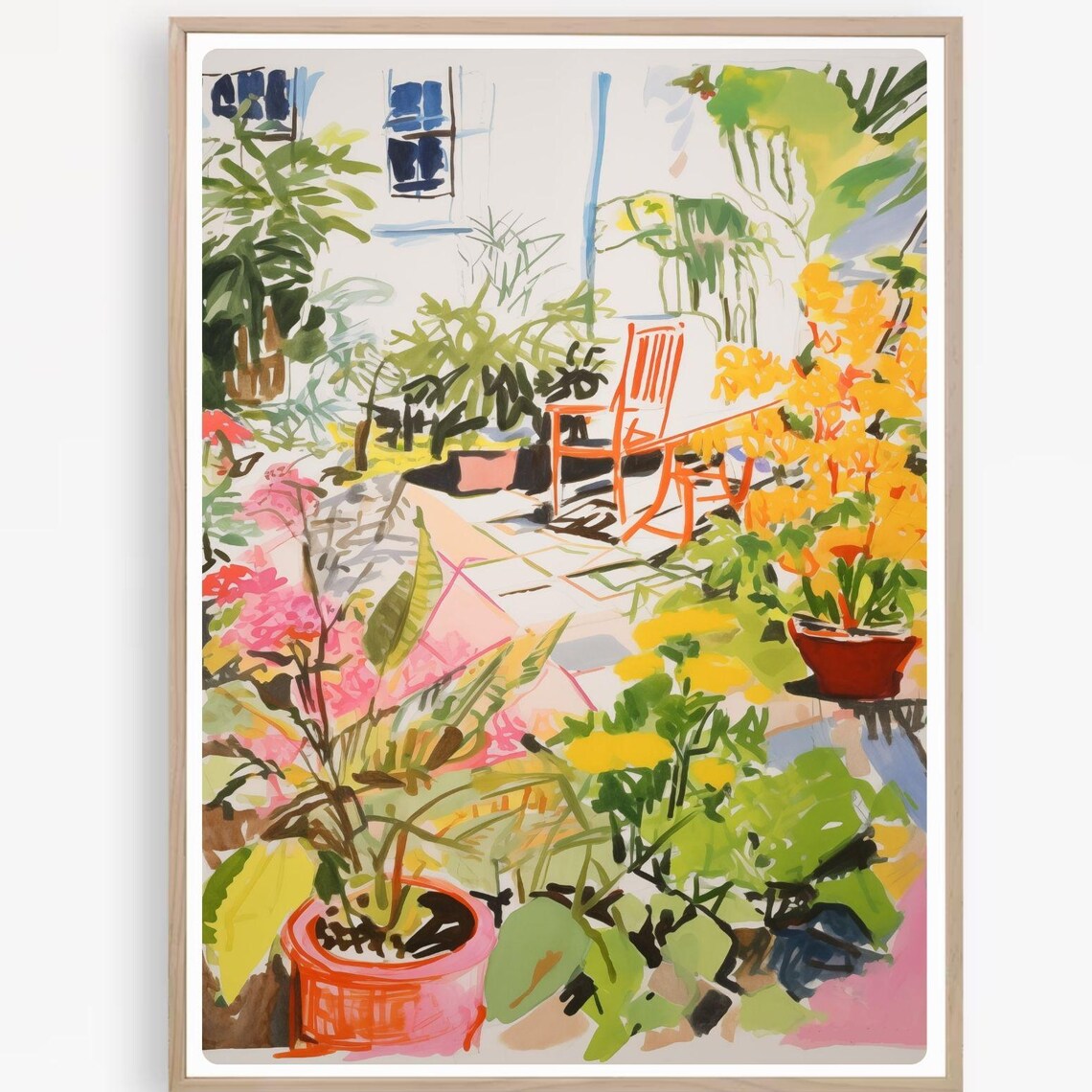 Vibrant Garden Patio with Red Chair and Golden Flowers Poster