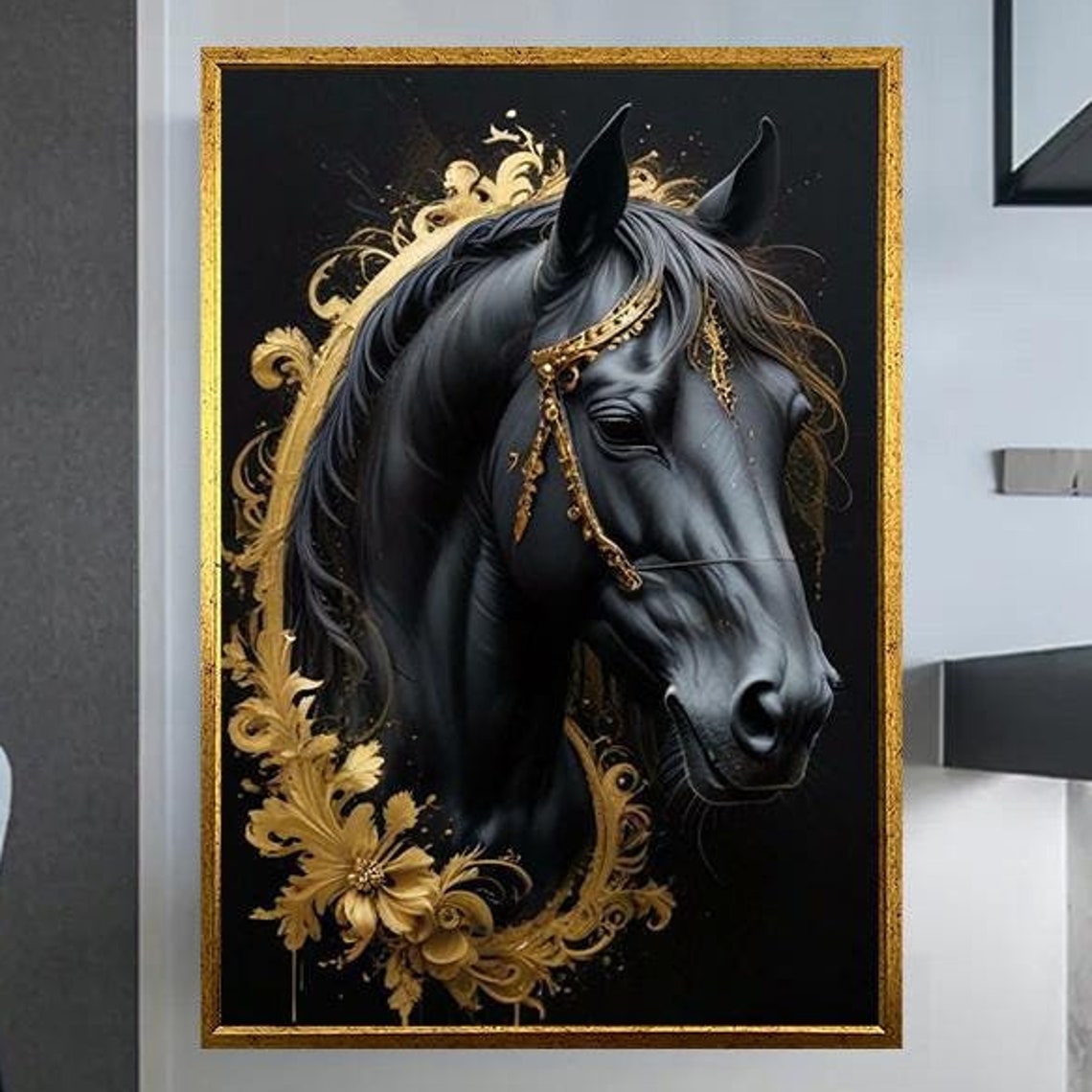 Black Horse With Golden Ornamental Bridle Regal Equine Art Poster