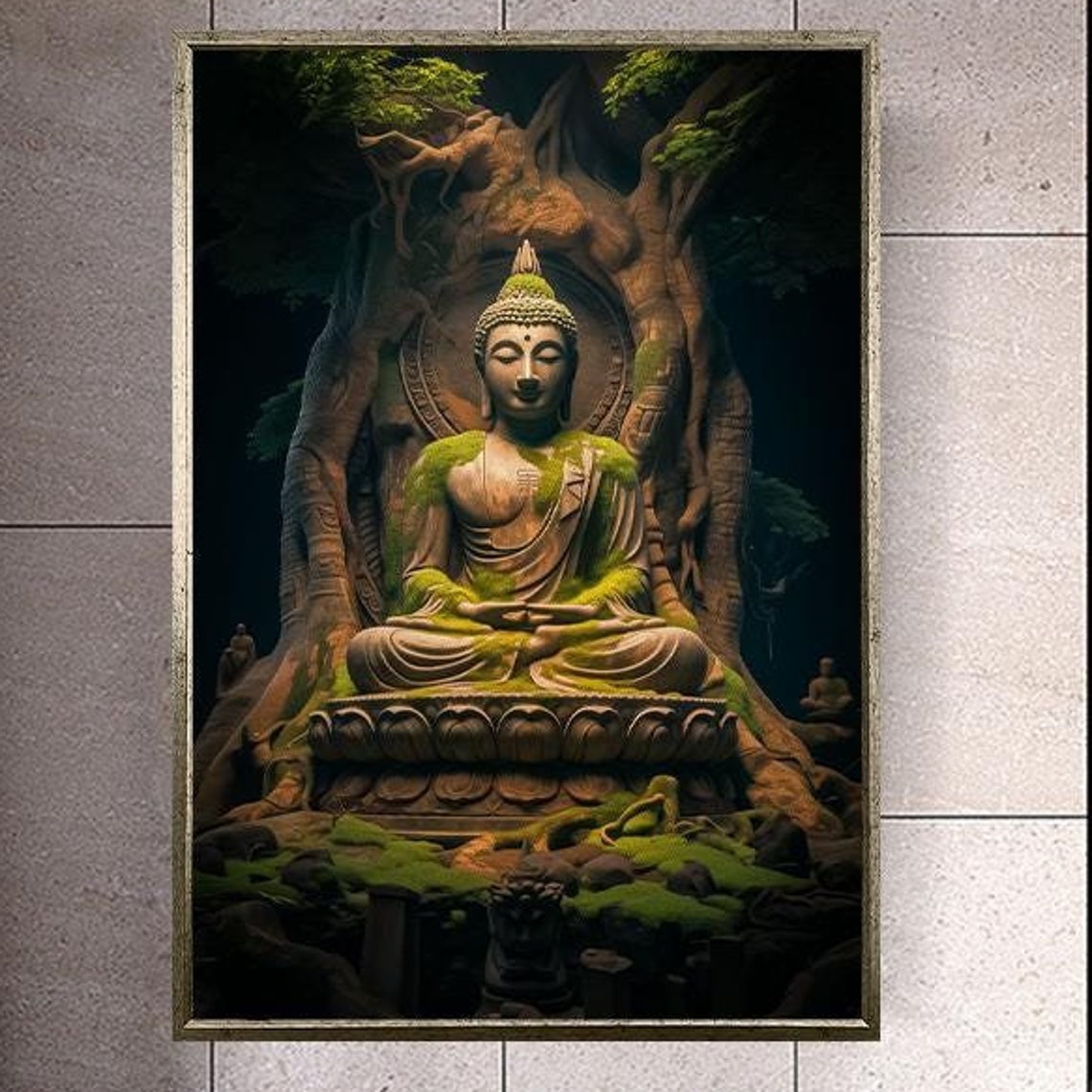 Meditating Buddha Statue Beneath Ancient Tree Roots Zen Art Poster