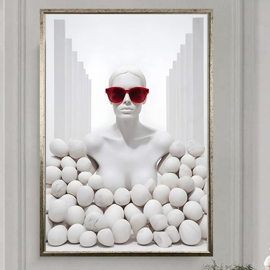White Statue With Red Sunglasses Playful Surreal Pop Art Poster