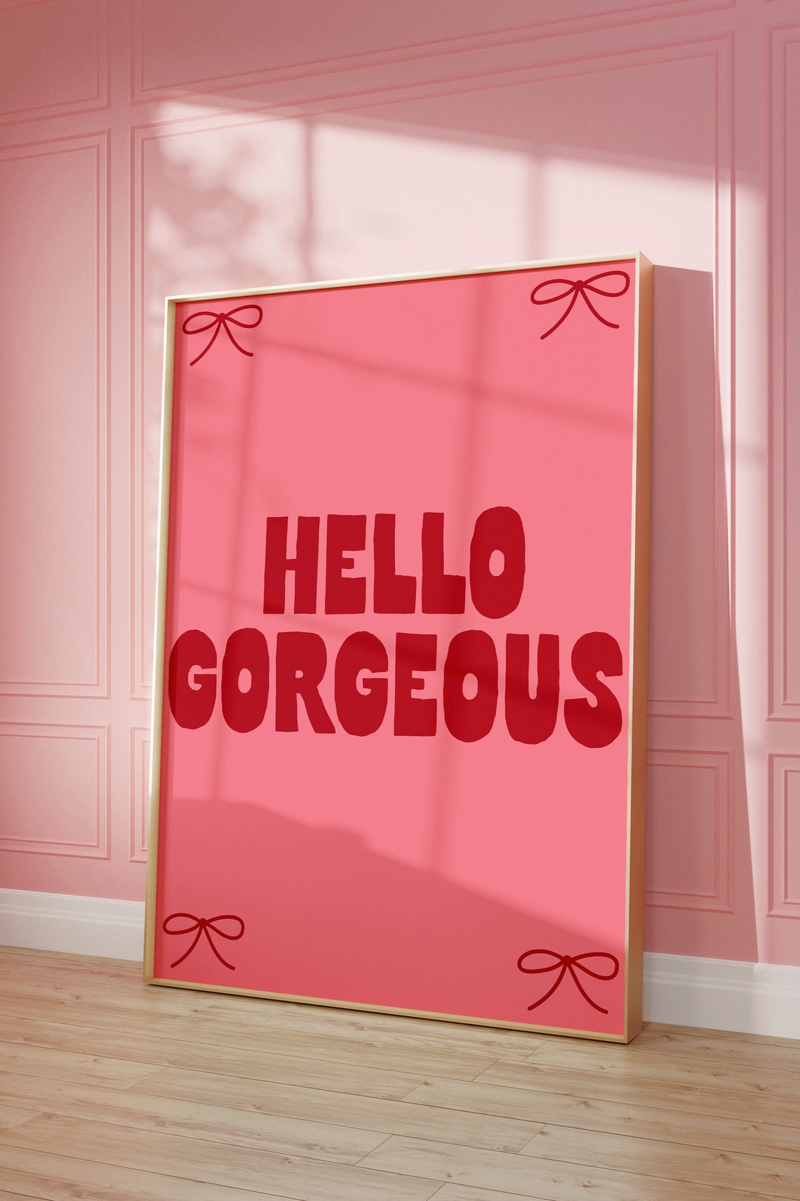 Hello Gorgeous Bold Red Pink Coquette Bow Bedroom Vanity Poster - Image 2