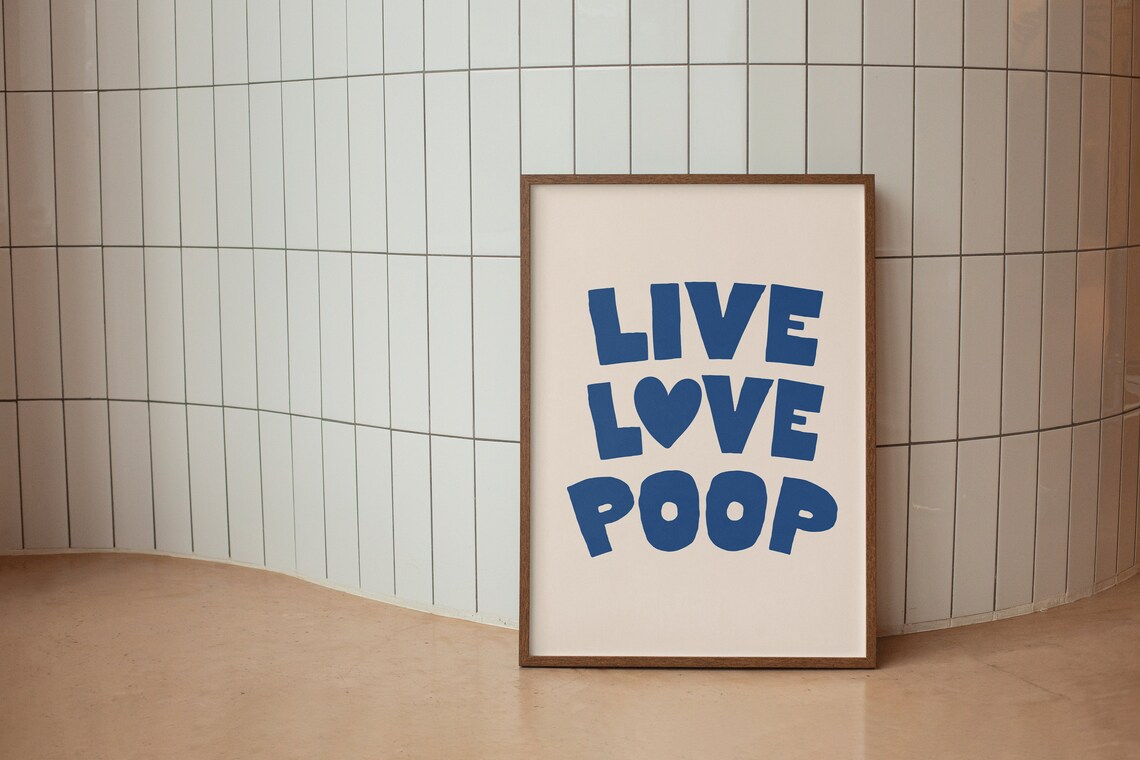 Live Love Poop Funny Navy Blue Heart Bathroom Typography Quote Poster - Image 2