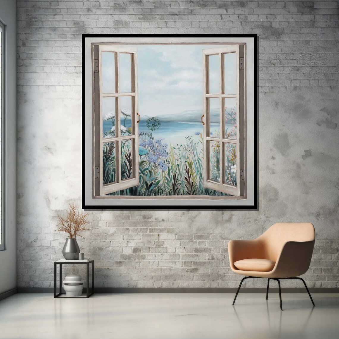 Open Window View of Coastal Wildflowers and Calm Sea Landscape Poster - Image 5