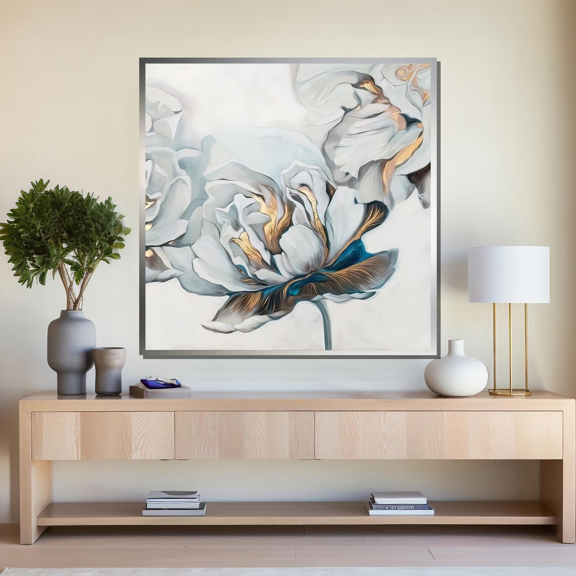 White Peony With Blue and Gold Accents Large Modern Floral Art Poster - Image 4