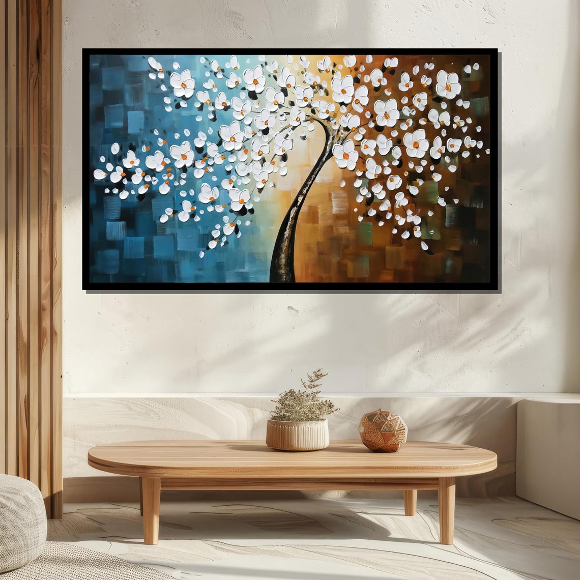 White Blossom Tree On Blue To Amber Gradient Background Poster - Image 5