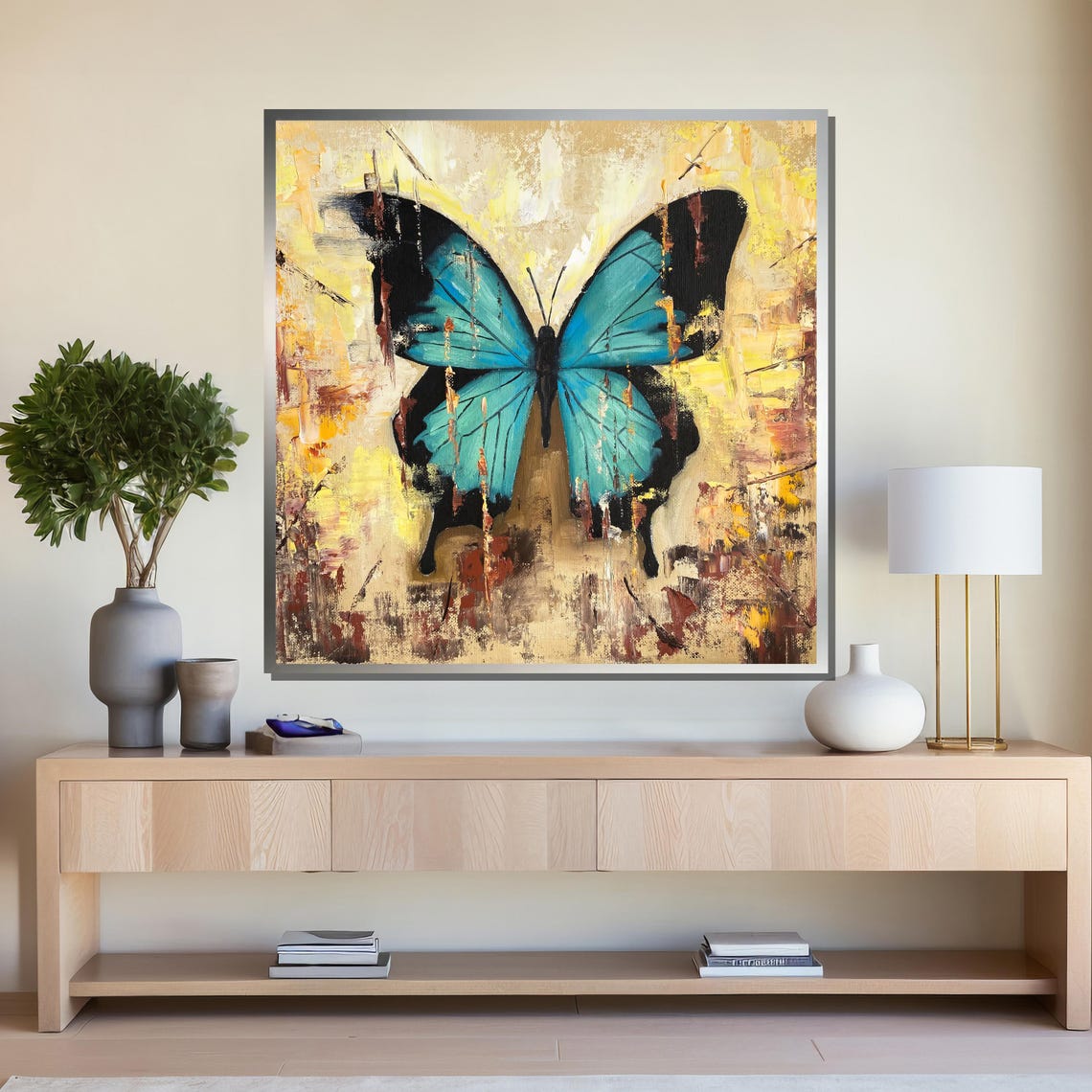 Blue Morpho Butterfly Gold Painted Abstract Background Art Poster - Image 4